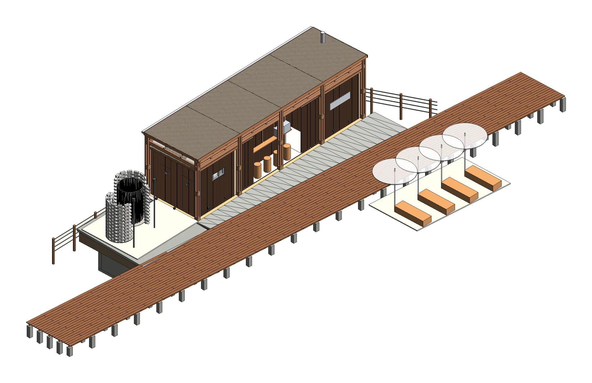Modelo BIM de um quiosque com deck de madeira, cobertura e estrutura, feito no fluxo do OrçaPRO